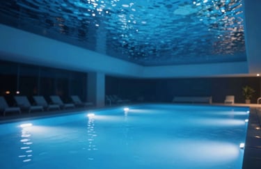 Underwater shot of glowing blue LED pool lights illuminating a sleek, modern pool at night. Professional electric installation visible.