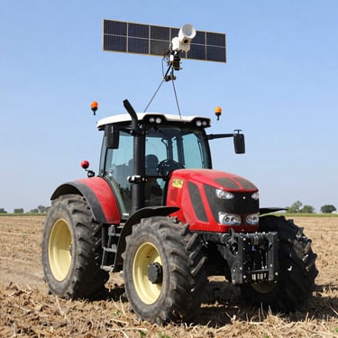 Close-up of a GPS antenna mounted on a tractor with satellite signals depicted around it.