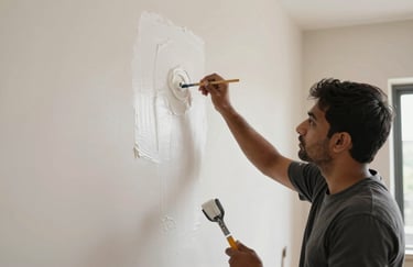 A professional applying smooth white putty work to a large interior wall in a South Asian / Indian home, preparing it for premium painting.