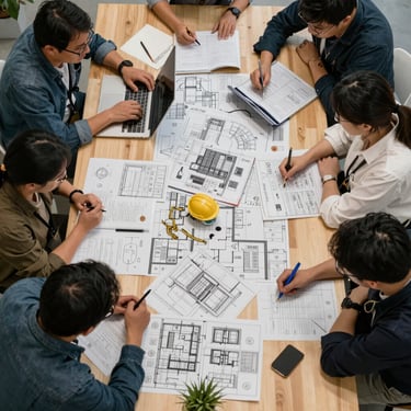 A lifestyle shot of a creative team in a bright European office, collaborating around a table covered in food sketches and a matte forest green digital tablet.