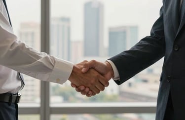 A firm handshake between two business professionals in a Southeast Asian / Indonesian office setting, with a blurred modern city skyline visible through a window. Natural off-white lighting.