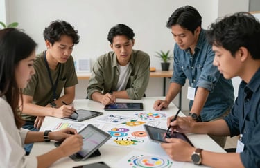 A diverse group of professionals in a Southeast Asian / Indonesian creative studio collaborating over a table with colorful design sketches and digital tablets.