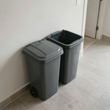 A top-down view of a clean, odorless apartment hallway featuring professional doorstep trash collection bins in a premium Florida building.