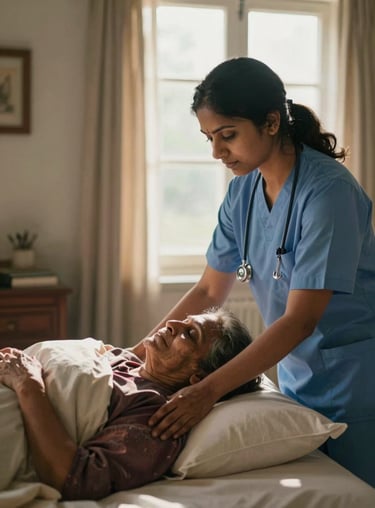 Close portrait framing, warm morning window light falling across a female Indian nurse's hands gently adjusting a pillow beneath an elderly woman's head in a softly furnished home bedroom, rich warm tones, diffused natural light, documentary stillness