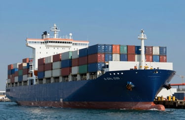 A logistics ship at a high-tech port with stacks of containers, representing global supply and import capabilities. Lighting is professional and bright with deep blue sky (#0F2C4E).