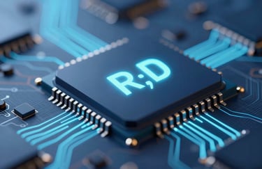 A close-up of a high-performance microchip with glowing light paths, symbolizing R&D and AI capability. Palette includes #0F2C4E and #8DCBEF for a tech-focused, professional look.