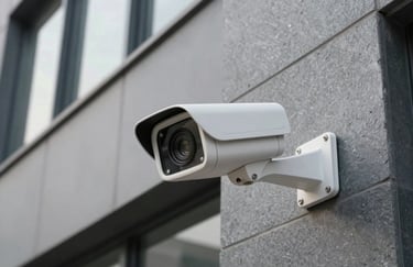 A close-up shot of an advanced high-definition CCTV camera installed on a slate-colored wall of a modern South Asian / Indian commercial building.