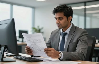 A South Asian / Indian IT consultant in professional attire discussing blueprint schematics for a network layout in a well-lit, modern office.