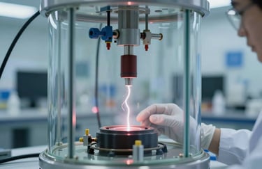 Close-up of a high-voltage test being conducted, showing a faint electrical discharge inside a controlled glass chamber. Professional and safe atmosphere, emphasizing laboratory precision.