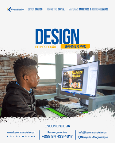 Graphic designer Keven Mandela creating a beauty salon banner on a computer monitor in Nampula, Mozambique.