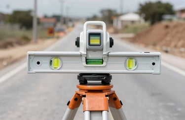A close-up photograph of a professional surveyor's level tool on a tripod at a road construction site in a Latin American / Spanish setting, soft focus background with Pale Frost White light, professional and clean.