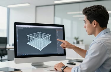 A professional engineer pointing at a large tablet showing a digital 3D structural model in a bright, modern Latin American / Spanish corporate office, minimalist and functional atmosphere.