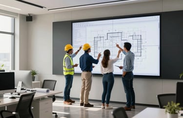 A group of professional civil engineers, men and women, in a modern Latin American office reviewing blueprints on a large digital screen. The office features minimalist furniture in off-white and dark navy accents, with soft natural light coming through large windows.
