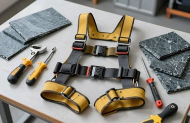 A tidy arrangement of professional roofing tools, a safety harness, and slate blue roof samples on a clean workbench, Western European / French professional style.
