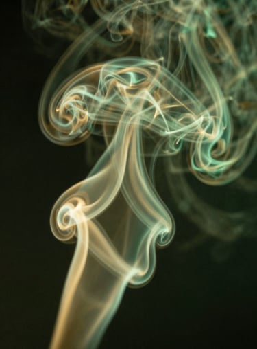 Abstract macro photography of smoke or ether swirling in shades of petroleum green and gold light. Cinematic, deep, mysterious, representing mental flow.