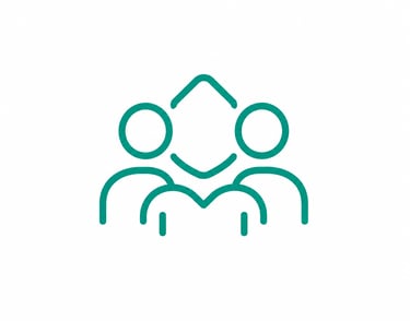 Green line icon of three stylized figures representing a team or community on a white background.