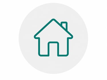 A teal outline of a house icon with a chimney inside a light grey circle.