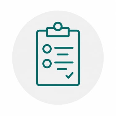 A teal line art icon of a clipboard checklist representing a task list or medical survey.