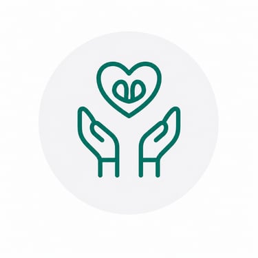 Green line icon of hands holding a heart with a seedling inside, symbolizing care and growth.