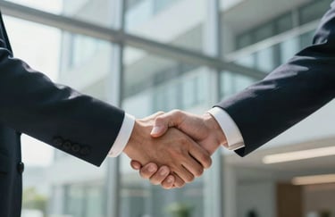 A professional handshake captured in a modern, glass-walled office environment, symbolizing a successful negotiation and settlement, bright and clear.