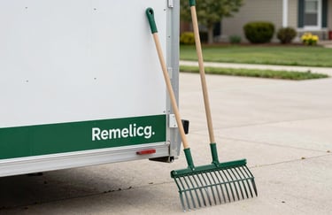 Close-up of clean, professional landscape hand tools and a rake leaning against a trailer in a well-kept North American driveway, organized and efficient, Mist white and Forest Green branding visible.