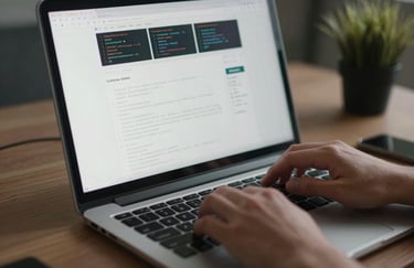 A close-up of a designer's hands navigating a web platform on a sleek computer, emphasizing the self-management and coding capabilities in a professional setting.