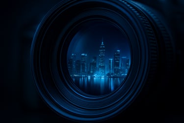 A macro shot of a camera lens element reflecting a futuristic South American city skyline at night. The colors are deep blues and neon cyans, symbolizing digital vision and strategic clarity.