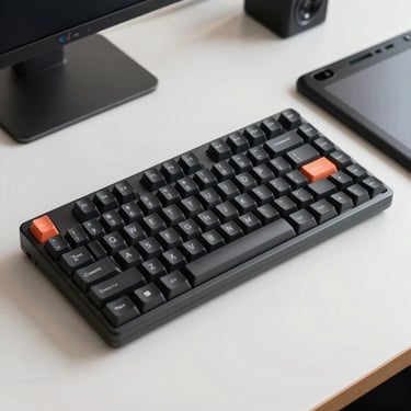 A minimalist, high-detail photograph of a mechanical keyboard and a graphic tablet on a clean desk, representing modern innovation in software development. North American / Canadian setting.