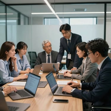 A collaborative meeting in a glass-walled conference room in a North American tech building. Professionals discuss ideas with laptops, reflecting a mood of expert reliability.