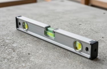 Close-up of a silver industrial level and professional tools sitting on a clean concrete slab, sharp focus, North American / US construction site.