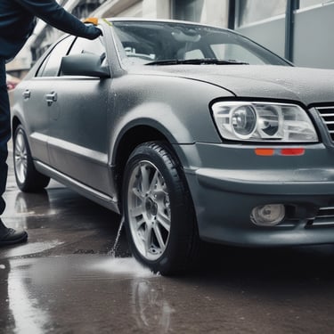 A professional cleaning a car exterior with eco-friendly products at a customer's home.