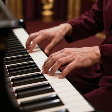 A close-up shot of hands playing a grand piano, surrounded by deep maroon textiles and gold-accented decor.