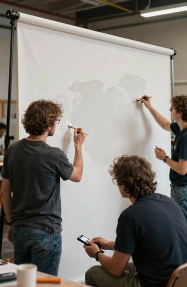 A set design workshop where community volunteers are painting a grand theatrical backdrop using professional artistic tools.