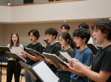 A youth choir rehearsal in a modern Washington state community hall, focusing on vocal technique and collaboration.