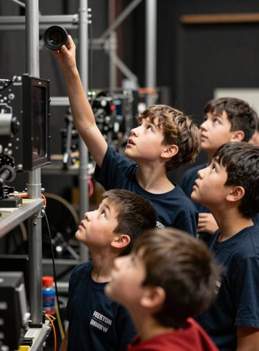 Young students touring the backstage area of a theater, looking up at technical equipment with awe and inspiration.