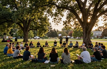 An outdoor operatic workshop in a Kennewick park with community members gathered under large trees during a golden sunset.