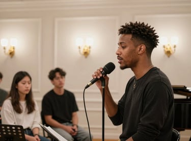 An intimate vocal masterclass session in a sophisticated studio with cream walls and elegant gold lighting fixtures.