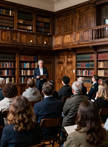 A lecture on the history of opera being delivered to an engaged audience in a timeless, wood-paneled Pacific Northwest library.