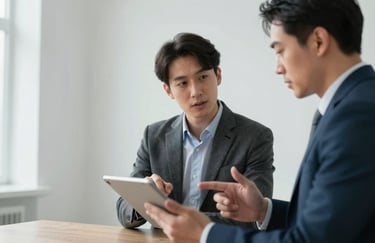 Two professionals in business casual attire discussing a strategic project over a tablet in a bright room with pale misty white walls.