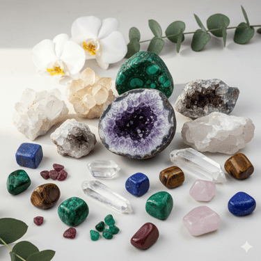 piedras preciosas con fondo blanco y flores 