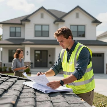A contractor in a safety vest discussing roofing plans with a homeowner in front of a modern house, North American / US.