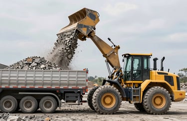 A professional shot of a front-end loader filling a truck trailer with crushed stone at a South American / Brazilian mine, action frozen, high detail.