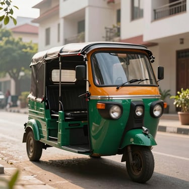 A modern branded e-rickshaw parked in a clean, contemporary South Asian residential district during a bright morning, emphasizing local transit reach.
