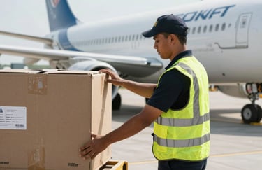 A professional handler in a high-visibility vest securing cargo in a North American / International air freight terminal, crisp and clean photography.