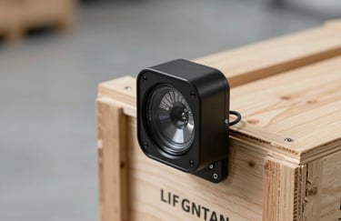 Close-up of a high-tech cargo tracking sensor attached to a wooden crate in a clean slate gray warehouse, Global / International.