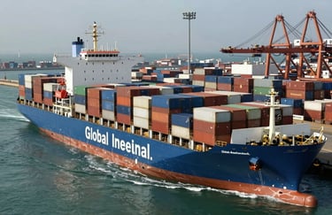A massive blue container ship entering a busy commercial harbor, seen from a high angle, cinematic lighting, Global / International.