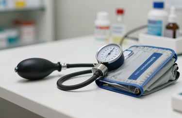 Close-up of professional medical tools like a blood pressure monitor on a clean white desk in a South American / Brazilian pharmacy office.