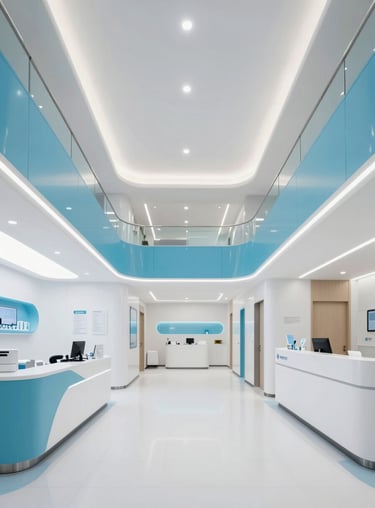 A wide-angle photograph of a modern Global / International medical clinic interior. High-end design with clean lines, featuring Sky Blue accents and Cloud White walls.