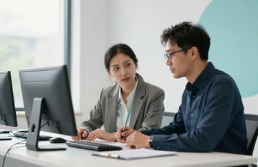 A photograph of two professionals in a bright Global / International tech hub collaborating over a clean, minimalist desk. The environment features Cloud White and Teal Slate tones.