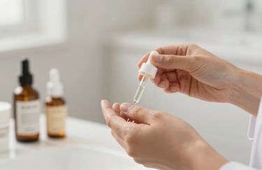 A professional aesthetician's hands preparing organic skincare products. The style is clean, clinical yet warm, with colors #9E8C78 and #F9F4ED.